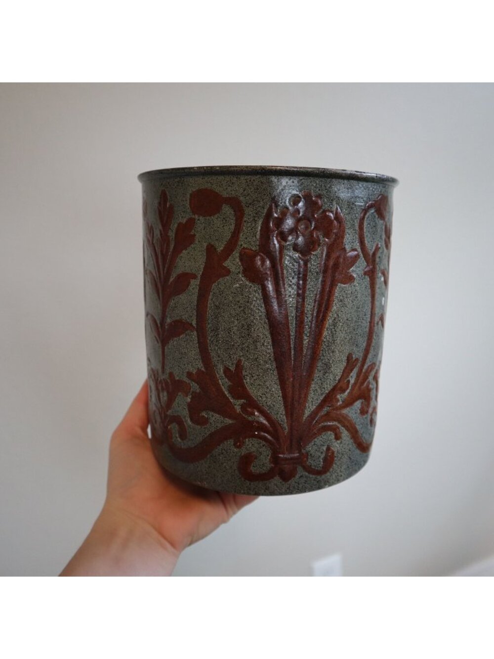 Rustic Embossed Floral Metal Planter - Grey & Bronze Raised Relief